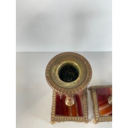 ANTICA COPPIA CANDELIERI PORTA CANDELA BRONZO DORATO ONICE 17h EPOCA '800 PUTTI