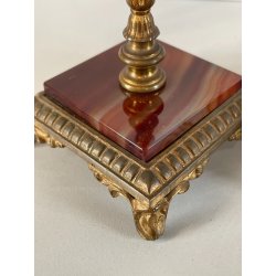 ANTICA COPPIA CANDELIERI PORTA CANDELA BRONZO DORATO ONICE 17h EPOCA '800 PUTTI