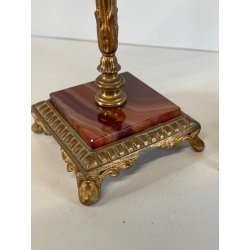 ANTICA COPPIA CANDELIERI PORTA CANDELA BRONZO DORATO ONICE 17h EPOCA '800 PUTTI