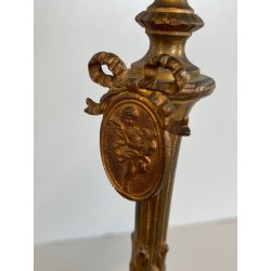 ANTICA COPPIA CANDELIERI PORTA CANDELA BRONZO DORATO ONICE 17h EPOCA '800 PUTTI