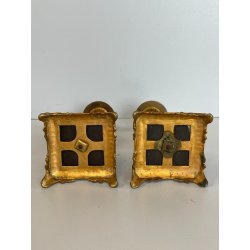 ANTICA COPPIA CANDELIERI PORTA CANDELA BRONZO DORATO ONICE 17h EPOCA '800 PUTTI