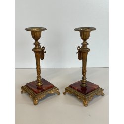 ANTICA COPPIA CANDELIERI PORTA CANDELA BRONZO DORATO ONICE 17h EPOCA '800 PUTTI
