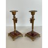 ANTICA COPPIA CANDELIERI PORTA CANDELA BRONZO DORATO ONICE 17h EPOCA '800 PUTTI