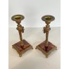 ANTICA COPPIA CANDELIERI PORTA CANDELA BRONZO DORATO ONICE 17h EPOCA '800 PUTTI