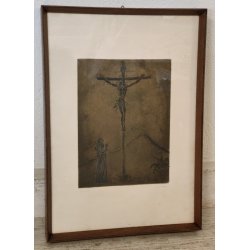 QUADRO DIPINTO Crocifissione Cristo ACQUATINTA a RILIEVO 24/26 Francesco Messina