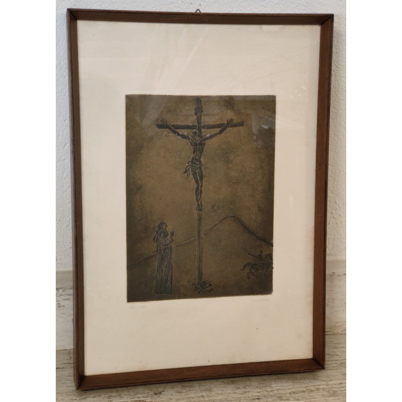 QUADRO DIPINTO Crocifissione Cristo ACQUATINTA a RILIEVO 24/26 Francesco Messina