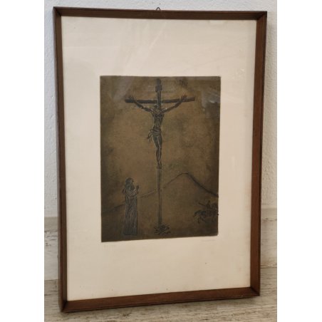 QUADRO DIPINTO Crocifissione Cristo ACQUATINTA a RILIEVO 24/26 Francesco Messina