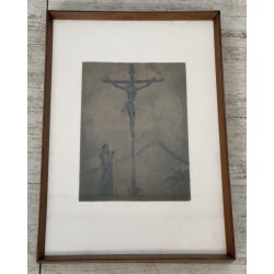 QUADRO DIPINTO Crocifissione Cristo ACQUATINTA a RILIEVO 24/26 Francesco Messina