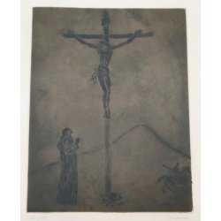 QUADRO DIPINTO Crocifissione Cristo ACQUATINTA a RILIEVO 24/26 Francesco Messina