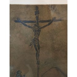 QUADRO DIPINTO Crocifissione Cristo ACQUATINTA a RILIEVO 24/26 Francesco Messina