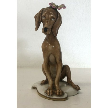 RARA PORCELLANA CAPODIMONTE DIPINTA A MANO GIUSEPPE CAPPE' CAGNOLINO FIOCCO ROSA