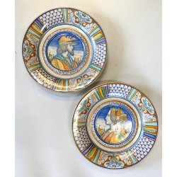 COPPIA PIATTO POMPA MAIOLICA Deruta RITRATTI RINASCIMENTALI CAVETTO MOSSO ø 43cm