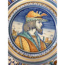 COPPIA PIATTO POMPA MAIOLICA Deruta RITRATTI RINASCIMENTALI CAVETTO MOSSO ø 43cm
