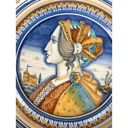 COPPIA PIATTO POMPA MAIOLICA Deruta RITRATTI RINASCIMENTALI CAVETTO MOSSO ø 43cm