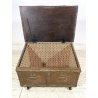ANTICO BAULE PORTA-LEGNA ROTELLE LEGNO RAME SBALZATO DECORO VELIERI XIX sec UK