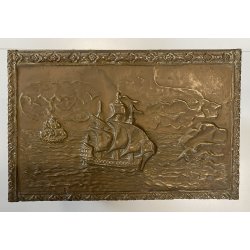 ANTICO BAULE PORTA-LEGNA ROTELLE LEGNO RAME SBALZATO DECORO VELIERI XIX sec UK