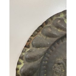 ANTICO PIATTO ELEMOSINIERE MASCHERONE RAME EPOCA '800 A SBALZO RILIEVO FACCIA