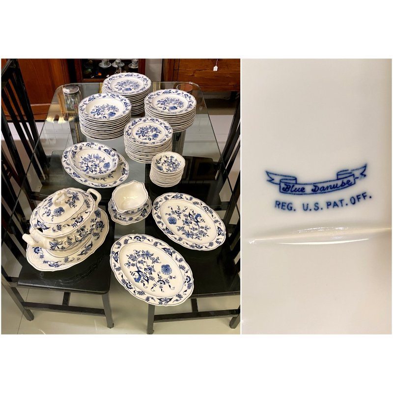 SERVIZIO PIATTI PORCELLANA VINTAGE Blue Danube U.S. Pat. Off 66pz Blue Onion JAP