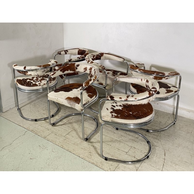 SET 6 SEDIA DESIGN METALLO CROMATO PELLE CAVALLINO ANNI 60/70 CHAIR VINTAGE