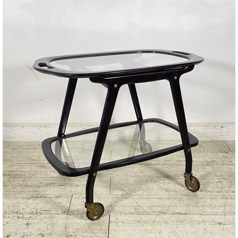 CARRELLO BAR LEGNO VETRO DESIGN CESARE LACCA ANNI 70 ITALY BAR TROLLEY