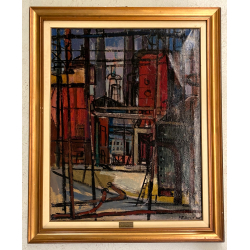 GRANDE DIPINTO OLIO F. Fedeli PAESAGGIO INDUSTRIALE RAFFINERIA Cifpetroli '56