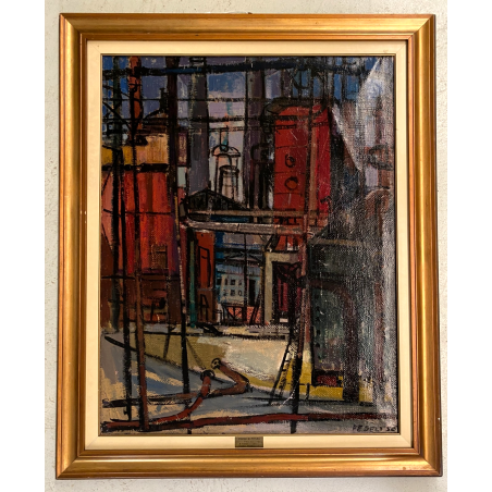 GRANDE DIPINTO OLIO F. Fedeli PAESAGGIO INDUSTRIALE RAFFINERIA Cifpetroli '56