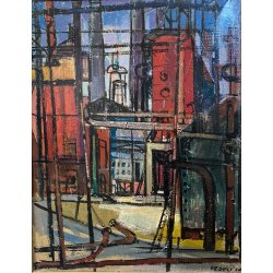 GRANDE DIPINTO OLIO F. Fedeli PAESAGGIO INDUSTRIALE RAFFINERIA Cifpetroli '56
