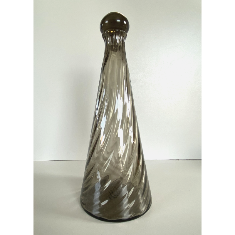 BOTTIGLIA CONICA FIRMATA Venini ITALIA VETRO Murano GRIGIO FUMé TAPPO SFERA '79