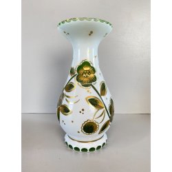 VASO VINTAGE CRISTALLO BOEMIA DECORO FLOREALE MOLATO OVERLAY BIANCO VERDE '60