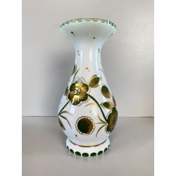 VASO VINTAGE CRISTALLO BOEMIA DECORO FLOREALE MOLATO OVERLAY BIANCO VERDE '60