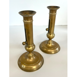 ANTICA PICCOLA COPPIA CANDELIERI PORTA CANDELA OTTONE 18h 1900 EIETTORE CERA
