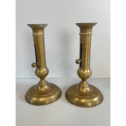 ANTICA PICCOLA COPPIA CANDELIERI PORTA CANDELA OTTONE 18h 1900 EIETTORE CERA