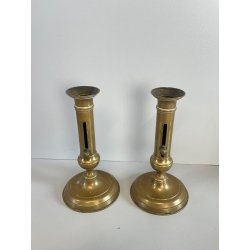 ANTICA PICCOLA COPPIA CANDELIERI PORTA CANDELA OTTONE 18h 1900 EIETTORE CERA