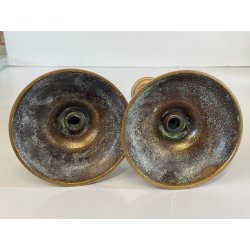 ANTICA PICCOLA COPPIA CANDELIERI PORTA CANDELA OTTONE 18h 1900 EIETTORE CERA