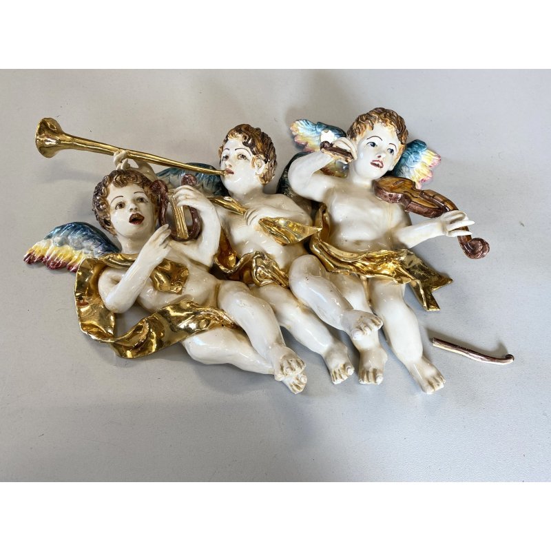 RARA CERAMICA Perconte Sciacca TRE PUTTI MUSICANTI SMALTO POLICROMO ORO RESTAURI