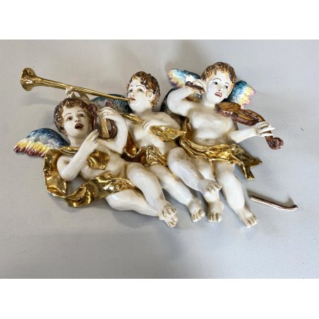 RARA CERAMICA Perconte Sciacca TRE PUTTI MUSICANTI SMALTO POLICROMO ORO RESTAURI