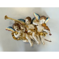 RARA CERAMICA Perconte Sciacca TRE PUTTI MUSICANTI SMALTO POLICROMO ORO RESTAURI