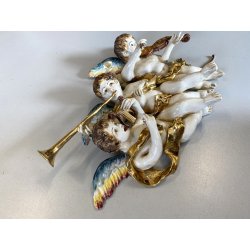 RARA CERAMICA Perconte Sciacca TRE PUTTI MUSICANTI SMALTO POLICROMO ORO RESTAURI
