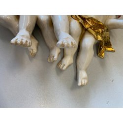 RARA CERAMICA Perconte Sciacca TRE PUTTI MUSICANTI SMALTO POLICROMO ORO RESTAURI