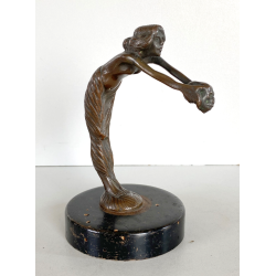 ANTICA PICCOLA SCULTURA in BRONZO ART NOUVEAU DONNA con TESCHIO BASE LEGNO '900