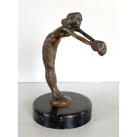ANTICA PICCOLA SCULTURA in BRONZO ART NOUVEAU DONNA con TESCHIO BASE LEGNO '900