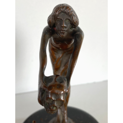 ANTICA PICCOLA SCULTURA in BRONZO ART NOUVEAU DONNA con TESCHIO BASE LEGNO '900