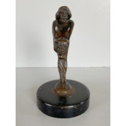 ANTICA PICCOLA SCULTURA in BRONZO ART NOUVEAU DONNA con TESCHIO BASE LEGNO '900
