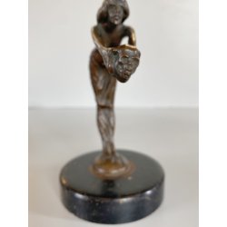 ANTICA PICCOLA SCULTURA in BRONZO ART NOUVEAU DONNA con TESCHIO BASE LEGNO '900
