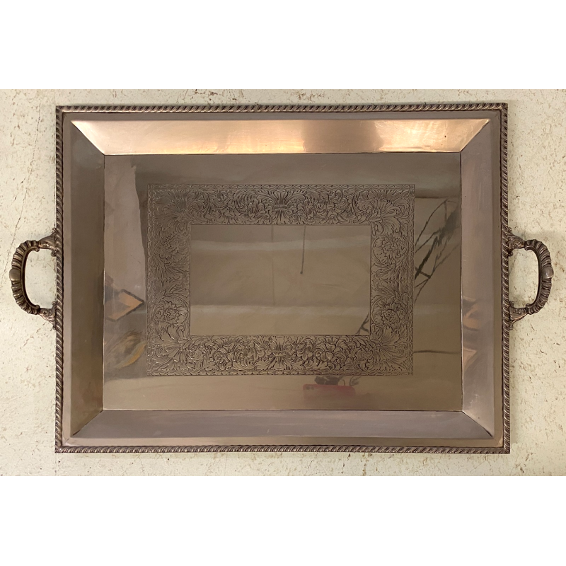 GRANDE VASSOIO da PORTATA RETTANGOLARE MANICI METALLO COLOR ARGENTO 77x51cm '900