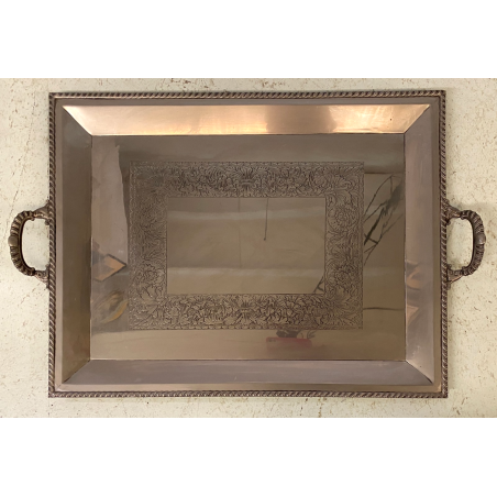 GRANDE VASSOIO da PORTATA RETTANGOLARE MANICI METALLO COLOR ARGENTO 77x51cm '900
