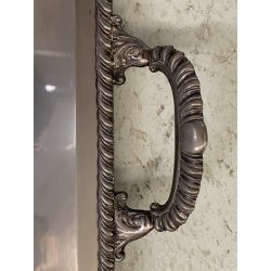 GRANDE VASSOIO da PORTATA RETTANGOLARE MANICI METALLO COLOR ARGENTO 77x51cm '900