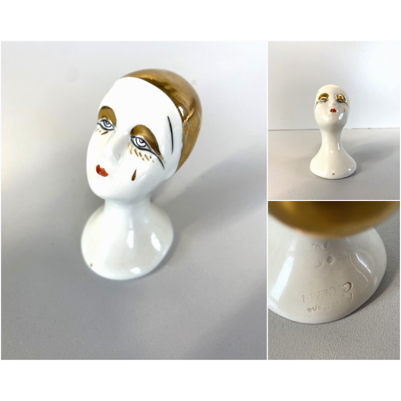 TESTA BUSTO di PIERROT PIERRET PORCELLANA BIANCA C. Villari ART DéCO H 7,5 cm