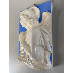 SCULTURA Zaccagnini BASSORILIEVO ANGELO PREGHIERA CERAMICA SMALTO BIANCO AZZURRO
