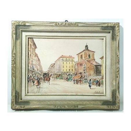DIPINTO ACQUERELLO ALDO SESSA QUADRO PIAZZA SAN NAZARO MILANO BASILICA APOSTOLI